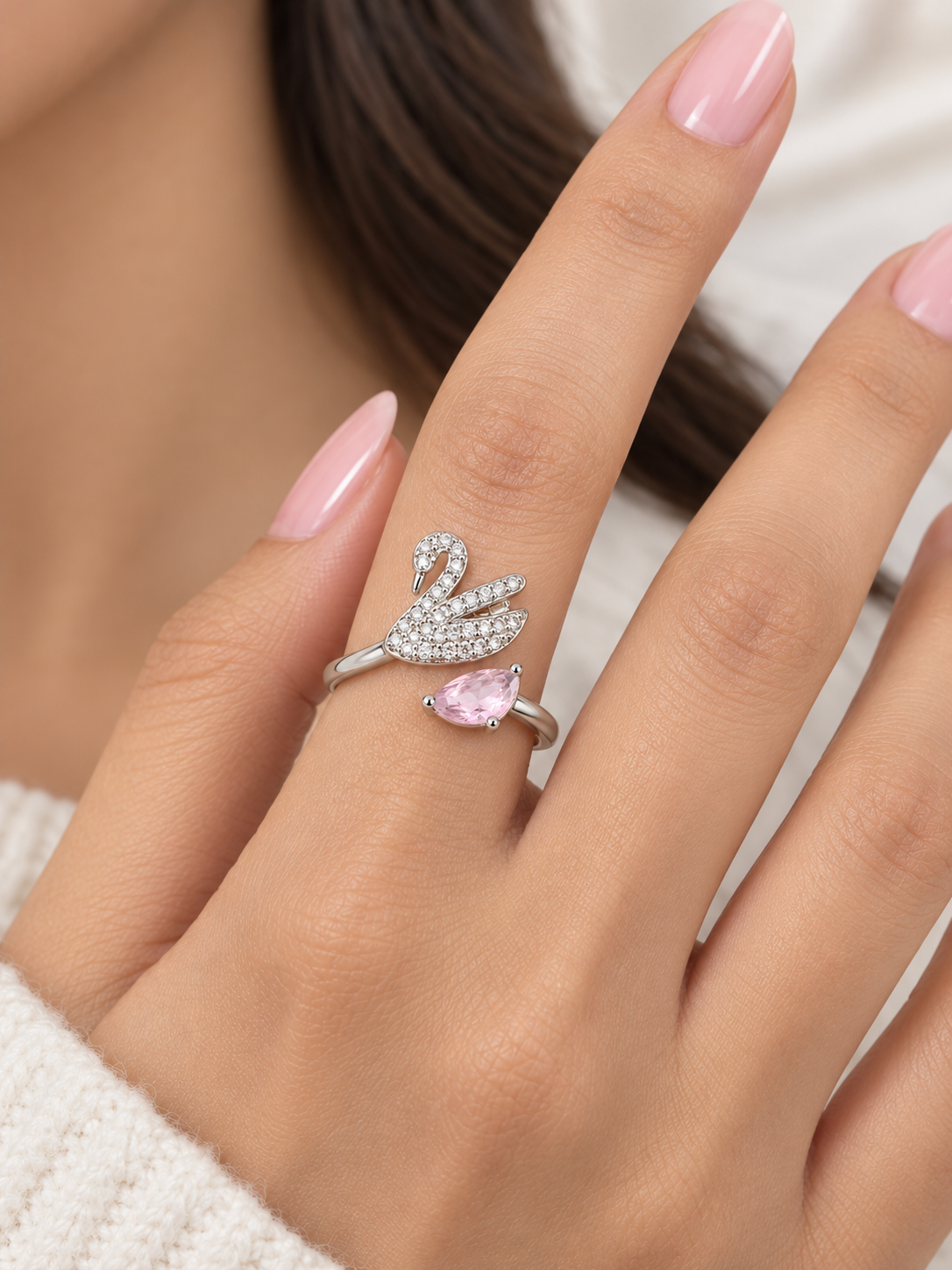 Pink Crystal Swan Adjustable Ring