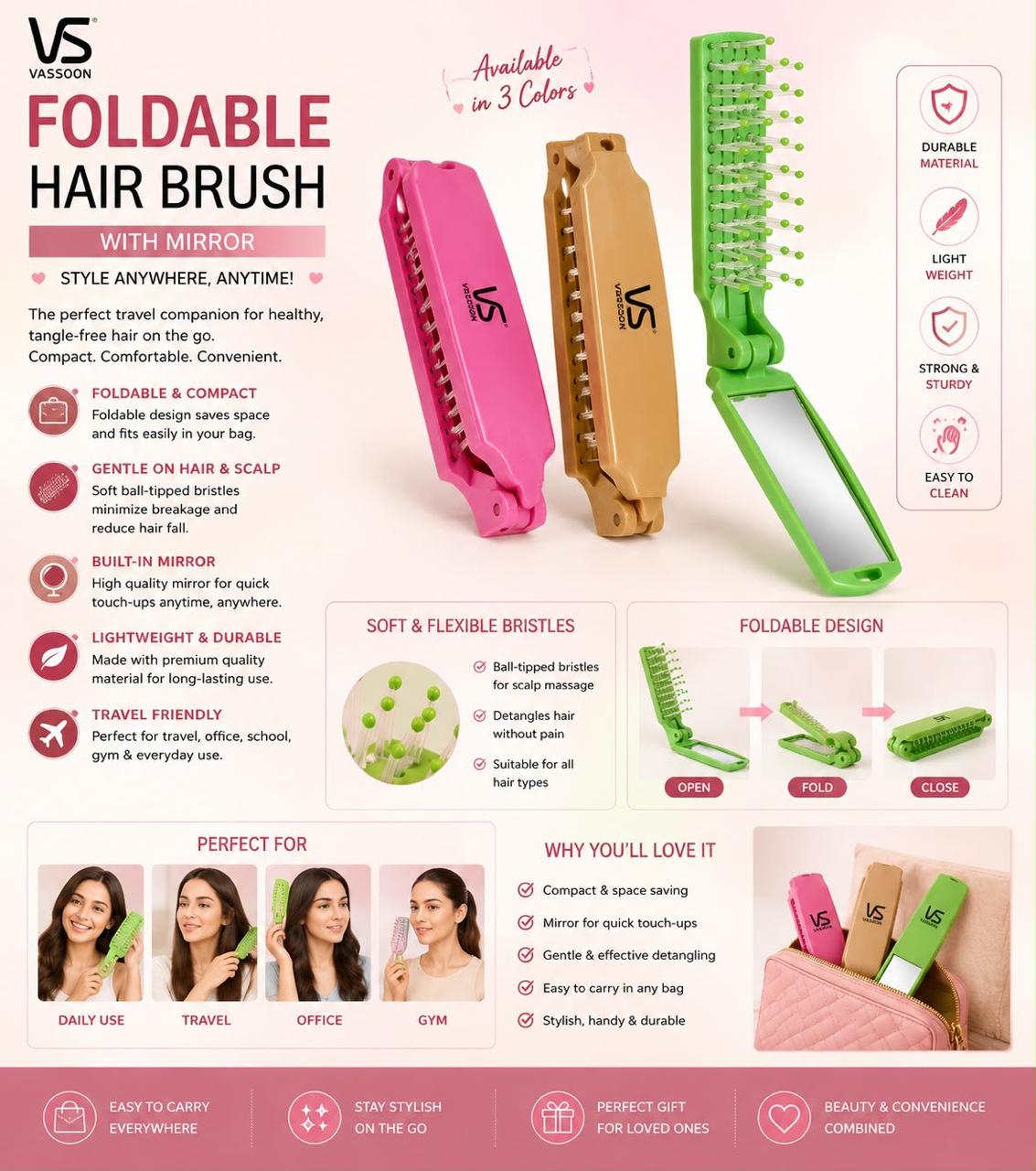 2-in-1 Foldable Hair Brush with Mirror
