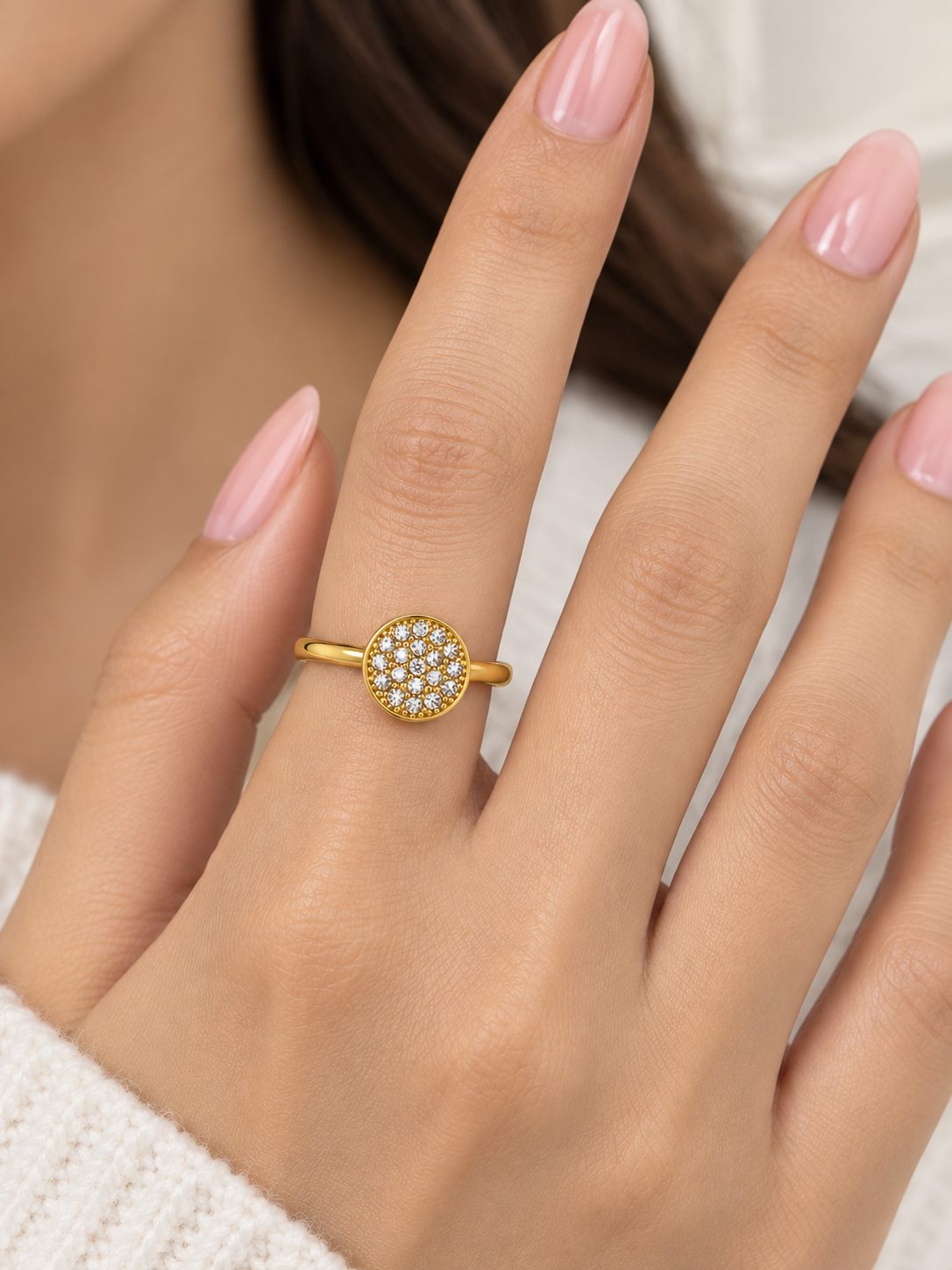Golden Crystal Round Statement Ring