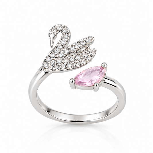 Pink Crystal Swan Adjustable Ring