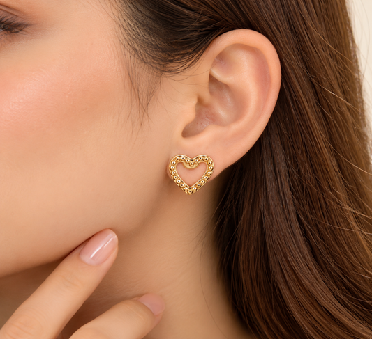 Beaded Heart Gold Stud Earrings