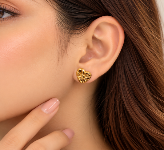 Golden Heart Floral Stud Earrings