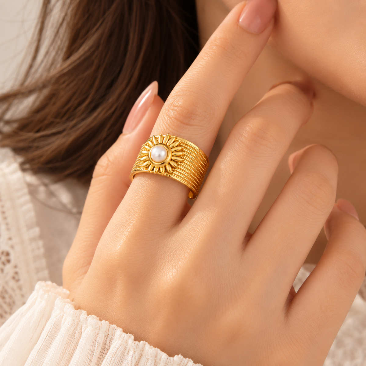Pearl Sunburst Gold Ring