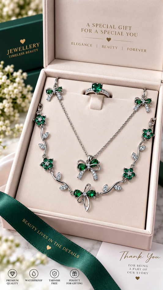 Emerald Crystal Floral Bow Jewelry Set