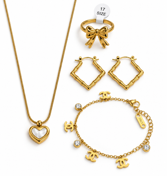 Golden Luxe 4-Piece Jewelry Deal – Necklace, Ring, Earrings & Bracelet