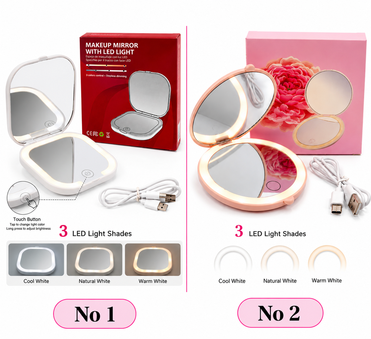 3-Light LED Rechargeable Compact Makeup Mirror
