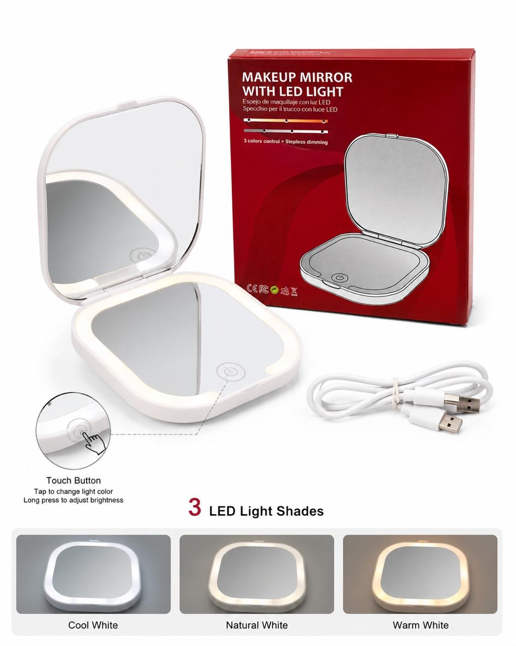 3-Light LED Rechargeable Compact Makeup Mirror