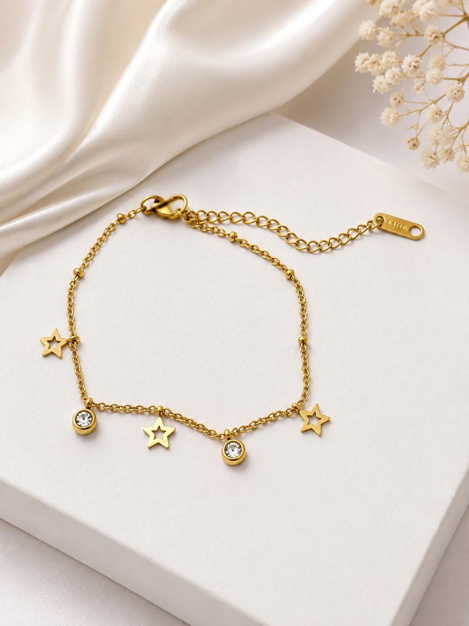 Stainless Steel Star & Crystal Charm Anklet