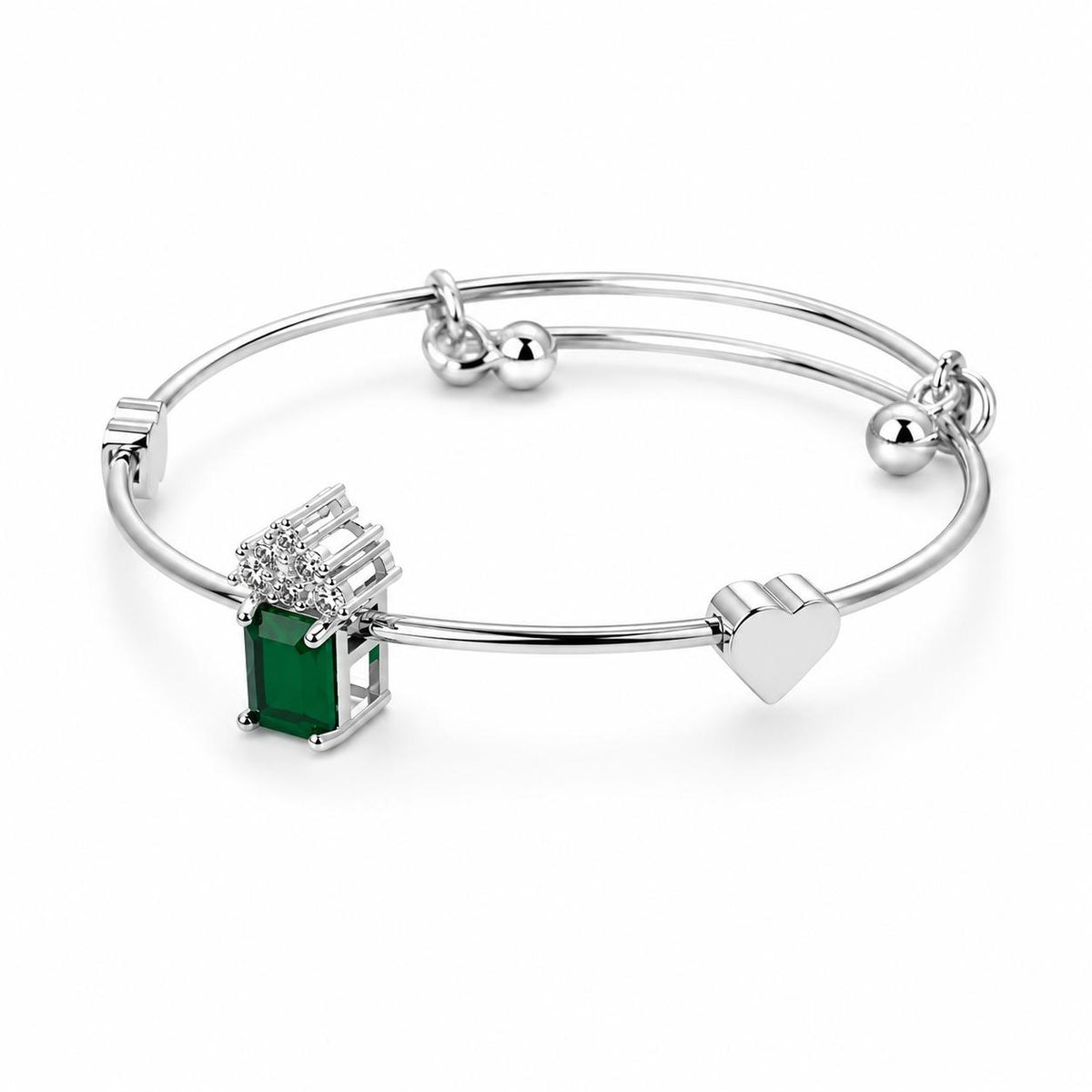 Luxury Silver Emerald Green Stone Heart Charm Bracelet