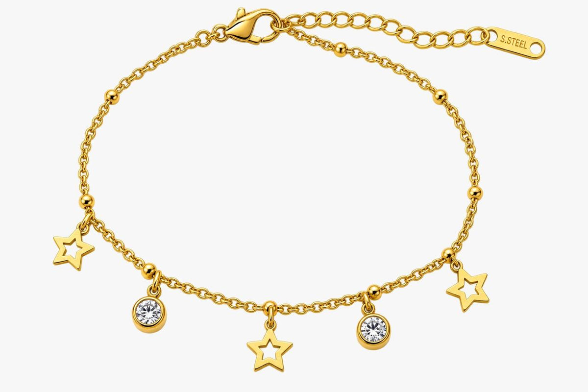 Stainless Steel Star & Crystal Charm Anklet