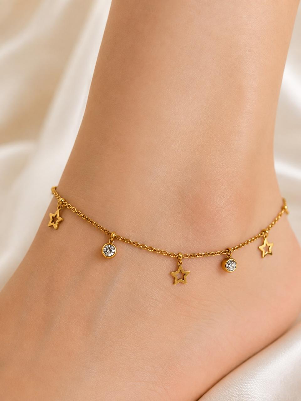 Stainless Steel Star & Crystal Charm Anklet